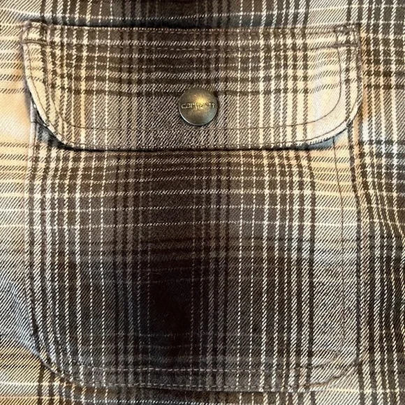 CARHARTT Size Medium 8/10 Plaid SnapFront Flannel Nubby Fleece Line Cotton CHORE - Picture 14 of 16
